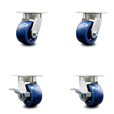 Service Caster 4 Inch Kingpinless Solid Poly Wheel Swivel Caster Set with 2 Brakes SCC SCC-KP30S420-SPUR-2-SLB-2